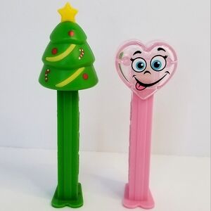 PEZ Holiday Lot- Christmas Tree & Clear Pink Heart Toy Candy Dispensers- 2018
